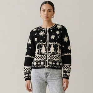 Vintage Talbots Pearl Lace Embroidered Snowflake Tree Knit Cardigan Sweater SZ L